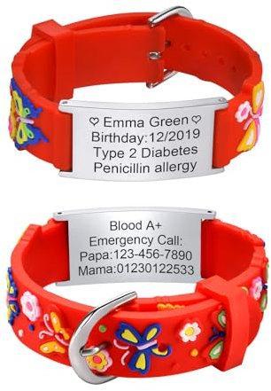 XUANPAI Notfallarmband Kinder SOS Armband : Personalisiert Medizinisches ID Armband Wasserdichtes Weiches Silikonband Angenehm Verstellbare Länge Cartoon Armband Namensarmband für Jungen Mädchen