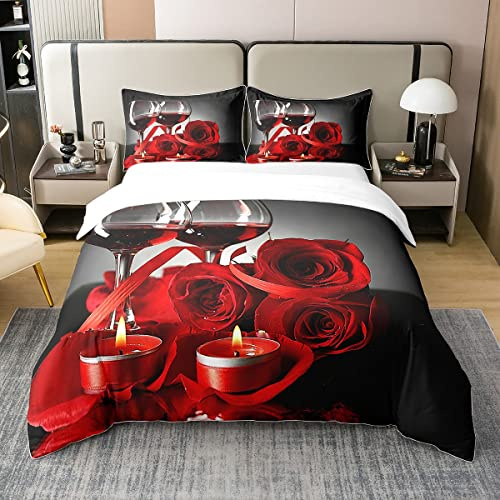 3D Floral 100% Baumwolle Bettbezug 135x200 Digital Gedruckte Blüten Blumen Bettwäsche Set für Frauen Romantische Rose Tröster Abdeckung Valentinstag Wein Glas Bankett Steppdeckenbezug,Schwarz Grau