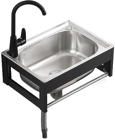 Évier de Cuisine en Acier Inox,Mural Lavabo Avec Support,Évier De Restauration Avec Robinet Froid Chaud Évier Mural Acier Inoxydable à Une Seule Cuve,Facile à Nettoyer (50x40cm)
