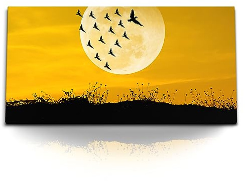 Paul Sinus Kunstdruck Bilder 120x60cm Vollmond Vögel Vogelschwarm roter Himmel Abendrot