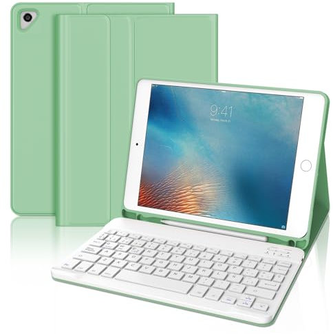 JADEMALL Funda con Teclado para iPad 6a Generación 9.7, Teclado Bluetooth Desmontable con Funda y Portalápices para iPad 6a Gen 2018/5a Gen 2017/iPad Pro 9.7 2016/iPad Air 2/iPad Air 1, Verde Claro