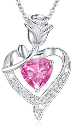MISUMOR Collier Femme Coeur Rose Fleur Pierre de Naissance Bijoux Cadeau pour Femme Mère Anniversaire Cadeau Saint Valentin Fête des Mères Noël