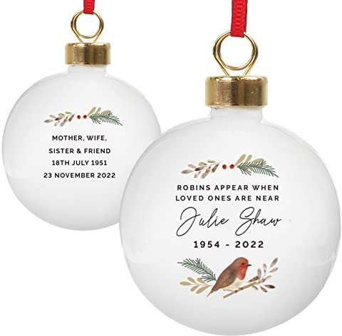 Personalised Robin Bauble. Ceramic Christmas Tree Decoration