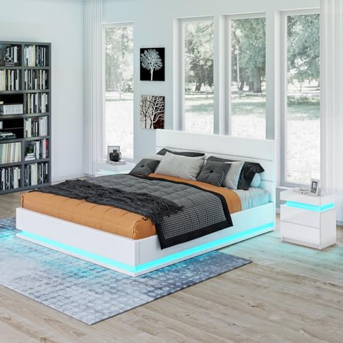 Ottoman Lift Storage Bed with LED Light, 4FT6 Double Size Bed Frame, Faux Leather Upholstered Bed Frame with Gas Lift Up Storage, for Bedroom Furniture, White