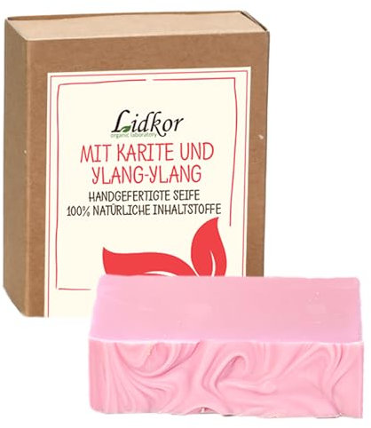 LIDKOR Feuchtigkeitsspendende Seife mit Karité & Ylang-Ylang 100g - Anti Aging & Hydratisiert Hautpflege mit Olivenöl - Handgemachte Naturseife als Festes Duschgel - Vegan Körperseife und Handseife