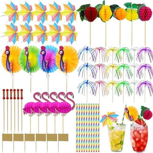 Omsscun Cocktail Accessories for Drinks, 150pcs Cocktail Fruit Label and Reusable Straws Paper Umbrellas, Sparkler Sticks, Cocktail Sticks for Beach, Birthday, Wedding, Music Festival