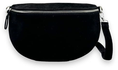 Wildleder Bauchtasche Damen XL Crossbody Bag Velours Gürteltasche Hüfttasche Bodybag Schultertasche Silberner Reißverschluss (Schwarz)