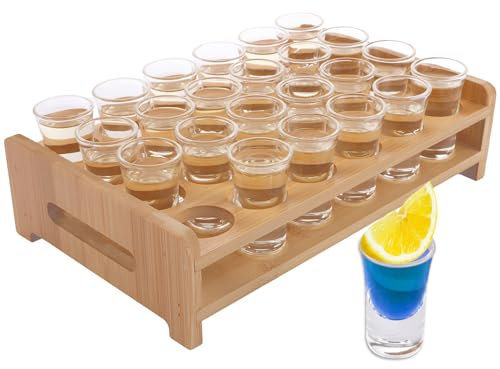SHUESS Shot Glass Set of 24 15ml/0.5oz with Shot Glass Tray Holder Straight - Mini Clear Crystal Shot Glasses with Thick Base - Shot Glasses Set for Whisky Brandy Vodka Rum and Home Party Bar
