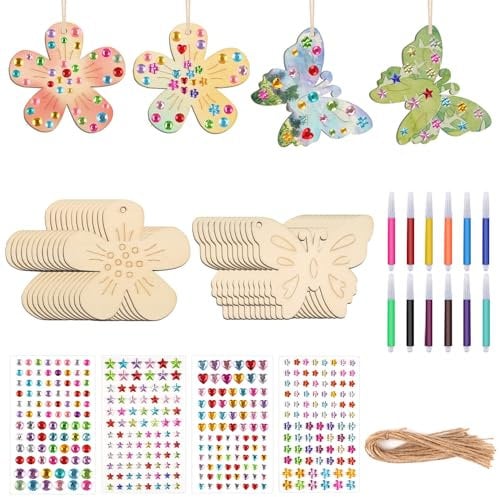 Moosono 40 Stück Bastelset Kinder Schmetterling und Blume mit Aquarellstift & Edelsteinaufkleber Deko Schnur Basteln Kindergeburtstag für DIY Geburtstag Basteln Kinder