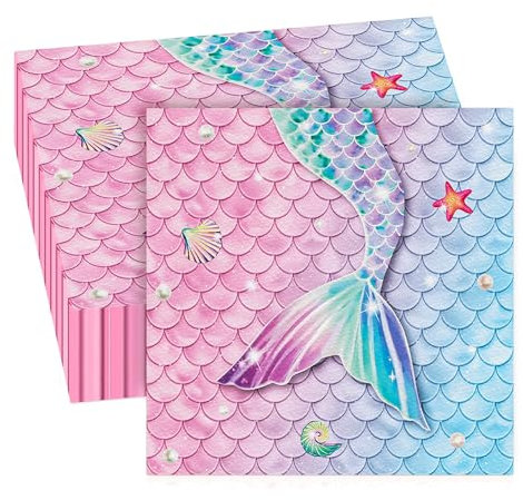 GROVBLE Meerjungfrau Servietten 40 Stück Meerjungfrau Geburtstag Dekoration Meerjungfrau, Servietten Meerjungfrau für Mädchen Party Tissues, Geburtstag Party Dekoration Zubehör 33 x 33 cm