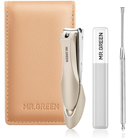 MR.GREEN Nail Clippers, 3PCS Nail Clipper Set with Anti Splash Fingernail Clipper,Ear Pick,Glass Nail File,Professional Nail Clippers for Men and Women, Stainless Steel Nail Cutter with Leather Case