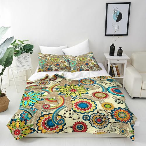 ANHOPE Bunte Boho Ethnisch Florale Bettwäsche Set Weich Microfaser Bettbezüge mit Reißverschluss 2 Teilig Bettbezug 135x200 cm & Kissenbezug 80x80 cm Ganzjahres Bettdeckenbezug Set