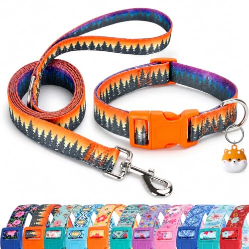 SLZZ Hundehalsband mit Leine Airtag Halter Etui Garnitur - Hundehalsbänder für männlich weiblich Junge Mädchen Welpe X-klein klein mittel groß Hunde Gehen Laufen Training - Wald -XS