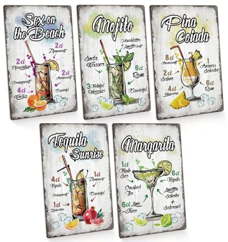 5er Set Cocktail Schild | Cocktailbar Retro Blechschilder | Metallschilder Cocktail Rezepte | MOJITO,MARGARITA,PINA COLADA | Bild Poster für Küche Bar Kneipe Pub Party-keller Wand-deko 30x20cm