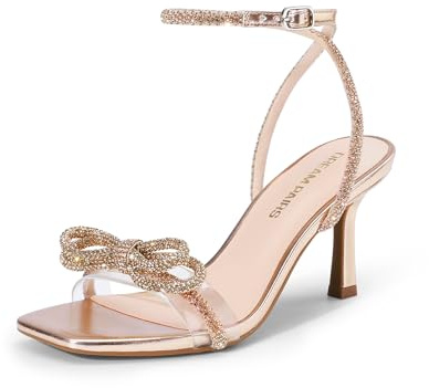 DREAM PAIRS Women's Double Bowknots Heels Open Square Toe Ankle Strap Crystal Rhinestone Dress Sandals for Party Wedding,Size 8,Champagne-Pu,DWUMHS2530