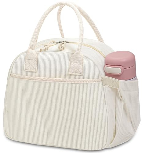 Carry bloom Lonchera para mujer, bolsa de almuerzo aislada, bonita bolsa de almuerzo de pana, reutilizable, para el trabajo, beige puro