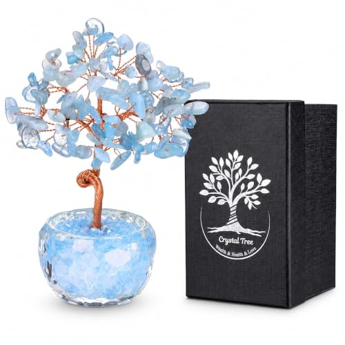 CrystalTears Aquamarine Crystal Tree Healing Crystal Tree Life for Home Office Living Room Decor Handmade Gemstone Money Trees for Money Positive Energy Good Luck Gifts for Women Men Birthday