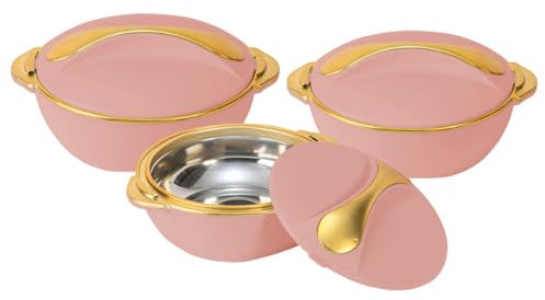 Pinnacle Lot de 3 cocottes isothermes avec couvercle – 3/2/1 litre – Réchauffeur/refroidisseur de nourriture – Plats de service thermiques avec couvercles – Récipient pour aliments chauds en acier