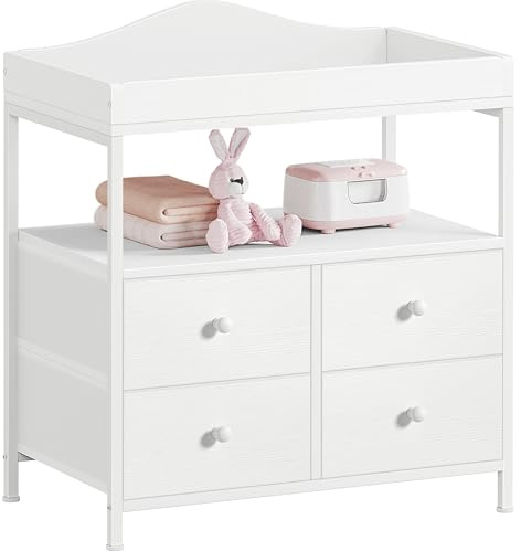 BOLUO Changing Table Dresser with 4 Fabric Drawers and Open Shelf, Baby Dresser with Changing Table Top Diaper Changing Station with Storage for Nursery Modern (White)