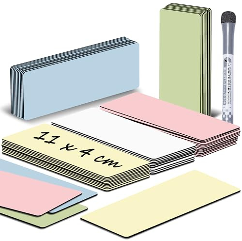 BIROYAL 25 Stk Magnetstreifen beschreibbar, 11x4cm mit Whiteboardstift | 5 Farben zur Klassifizierung, Starker Magnetismus, Leicht abwischbar & wiederverwendbar, für Whiteboard, Kühlschrank & Büro