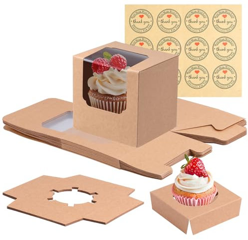 JOYSKY 12 Individual Cupcake Boxes 90 x 90 x 90 mm Clear Cupcake Boxes Cookie Box with Windows and 12 Stickers Suitable for Cupcakes Desserts Candies Pastries Cookies Petits Fours and Gifts Reusable