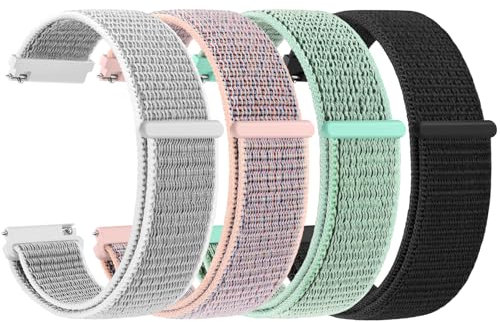 Wanme 4 Piezas Correas de Nylon para Reloj Compatible con 20mm 22mm, Pulsera de Repuesto Transpirable Suave para Hombres y Mujeres, (22mm, Negro+Gris Claro+Rosa+Verde Océano)