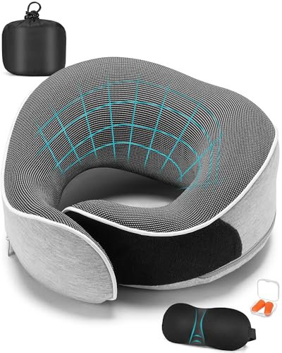 Acacomft Nackenkissen Flugzeug, Memory Foam Reisekissen, Verstellbares & Kompaktes Flugzeugkissen, Nackenkissen Auto mit 3D-Schlafmaske, Hochwertige Netztasche, Ohrstöpseln (Hellgrau)