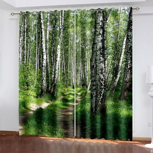 AMDXD Vorhang Blickdicht lichtundurchlässig Grün Weiß, Weißpappel Baum Pfade Gardine mit Ösen, Ösenschal Dekoschal Verdunkelungsvorhang 2er Set 137x274cm