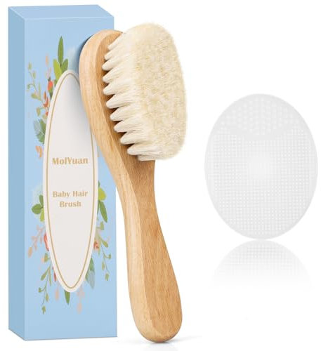 MolYuan 2PCS Baby Hair Brush, Goat Bristles Brush and White Baby Silicone Brush Set for Cradle Cap Wood Bristle Brush for Newborns and Toddlers