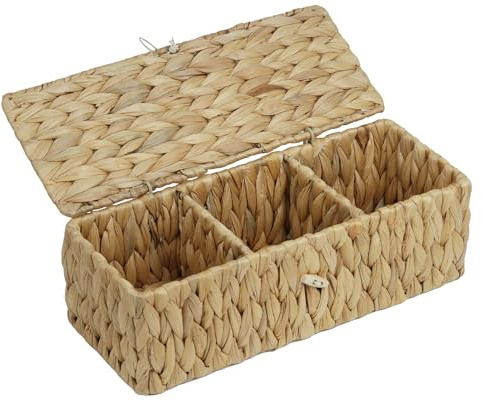 Water Hyacinth Wicker Storage Basket with Lid and Dividers | Hand Woven, With Sections, Bathroom Shelf Baskets, For Organize Snack Toys Tampon