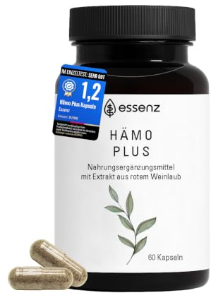 ESSENZ Hämo Plus Kapseln – Nahrungsergänzungsmittel mit rotem Weinlaub-, Hamamelis- und Traubenkern-Extrakt – vegan, 60 Kapseln