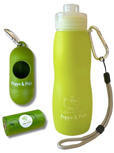 Peppo and Pets-Pack Completo-Incluye: Botella Pipi Perro silicona-400 ml-Válvula Anti Goteo-Chorro a presión+ DISPENSADOR DE CAÑA DE Bambu+15 Bolsas Caca Perro Mezcla ALMIDÓN DE MAIZ (Lima)