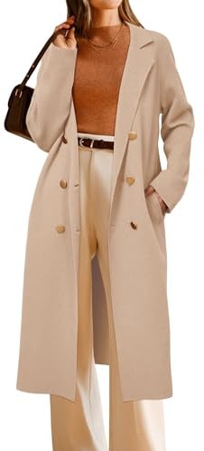 Arach&Cloz Women's Wool Blend Double Breasted Fall Outfits Long Cardigan Sweater Coat Khaki Apricot M