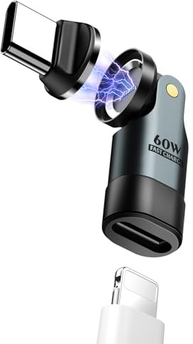TiMOVO Magnetischer Lightning auf USB C Adapter, Schnelles Laden & Datenübertragung, 90 Grad Rechtwinkliger USB-C Stecker auf Lighting Buchse Adapter für iPhone 16,MacBook Pro/iPad,Tablet,Laptop, Grau