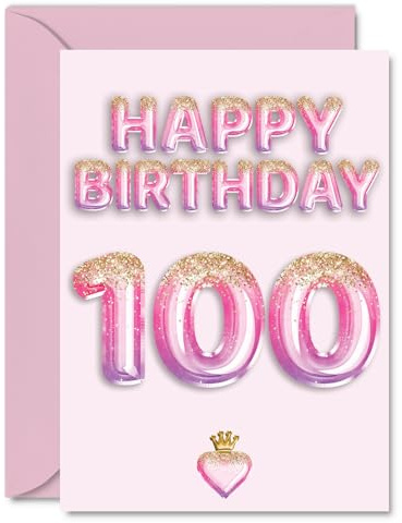 100th Birthday Cards for Women and Men, Pink & Purple Glitter Balloons | Happy Birthday Card for 100 Year Old Man Woman Uncle Wife Auntie Grandad, A5 Bday Greeting Cards