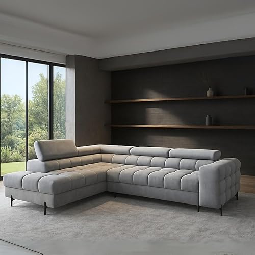 Agritrade AK Modern Ferucce Corner Sofa Bed with Storage Adjustable Headrests and Wavy Springs Light Grey Left Side