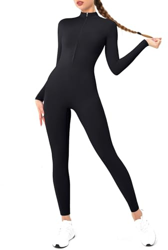 Kryodrphira Yoga Jumpsuit Women Zip Up Gym Playsuits Long Sleeve Unitard | All in One Jump Suits, Fitness Bodysuits Full Length, V Neck, Stretch Jumpsuits for Womens UK, Full Body, Workout Daily Wear