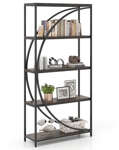 COSTWAY 5/6-Tier Bookshelf, Industrial Etagere Bookcase with Arc-Shaped Design and Open Shelves, Freestanding Metal Frame Tall Display Shelf Storage Organizer (Rustic Brown, 86 x 30 x 175 cm)
