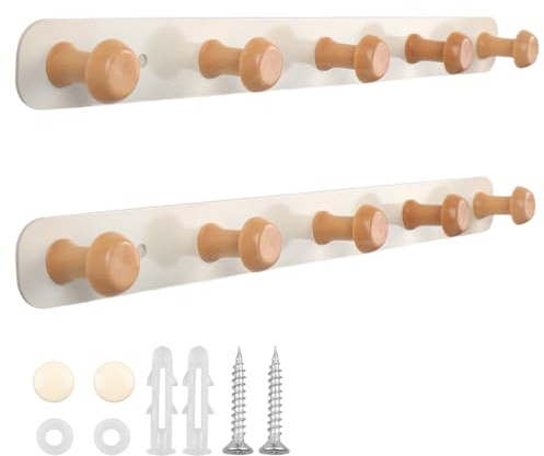 JUNJIEFU 2 Stück Kleiderhaken Wand, Garderobenhaken mit 5 Holz Haken | 36CM - Legierter Stahl - Garderobenleiste Hakenleiste für Garderoben, Flure, Chlafzimmer Bad Küche