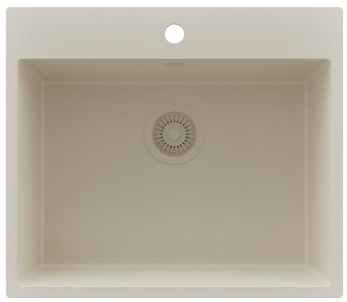 PRIMAGRAN Spülbecken ab 60er Unterschrank + Ablauf-Set, 58x50cm | Set: Ablauf-Set (Siphon, Ablaufgarnitur, Überlauf) + Granitspüle 1 Becken - Riga, Alles Beige
