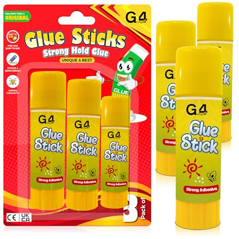 G4GADGET Glue Sticks 3 Pack (9g, 15g, 23g) – Strong Hold Glue Stick for School, Office & Craft Supplies | Mess-Free, Non-Toxic, Child-Safe Adhesive for Paper, Card, DIY & Scrapbooking
