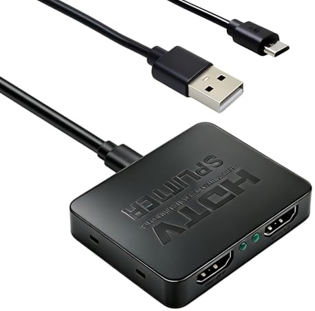 HDMI Splitter 1 in 2 Out, 4K HDMI Verteiler für 2 Monitore gleichzeitig, 1 Eingang auf 2 Ausgänge mit USB-Stromversorgung, Unterstützt 4K/Full HD 1080p, geeignet für PC, TV, Laptop und Beamer