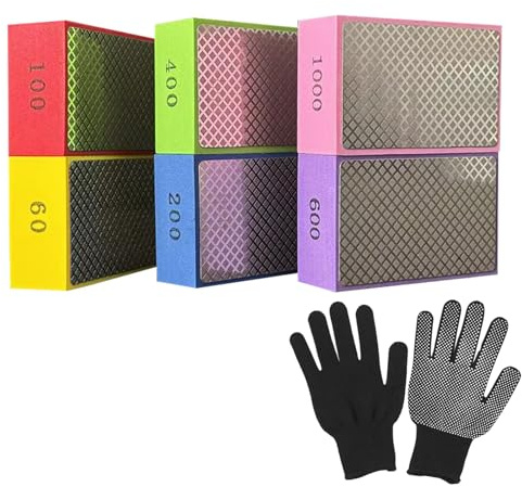 SHUANGBAODALAO Diamant Schleifpad 6-teilig Set, 60-1000 Körnung | 6-teiliges Diamant Schleifpad Set mit 60-1000 Körnung und Schutzhandschuhen für Glas, Fliesen, Stein und Keramik