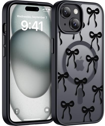 Natiiozie Magnetische Hülle für iPhone 15/14/13, Aesthetic Muster, Schwarz | Kompatibel mit MagSafe, Schleifen‑Muster, ideal für Frauen und Mädchen, vergilbt nicht, stoß‑ und kratzfest Handyhülle