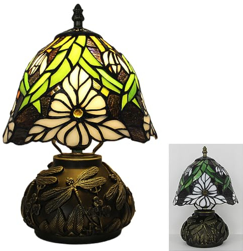 XINYASEE Tischlampe im Tiffany-Stil – pilzförmiger Lampenschirm aus Buntglas, Sockel mit Libellengravur, Retro-Nachttischlampe für Schlafzimmer, Wohnzimmer, Heimdekoration (Blumen-B)