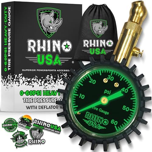 Rhino USA Manometre Pression Pneu Robuste (60 PSI). Cadran Lumineux de 5cm, Tuyau Tressé de Qualité Supérieure, Gonfleur Pneu, Matériel en Laiton, Accessoires Auto