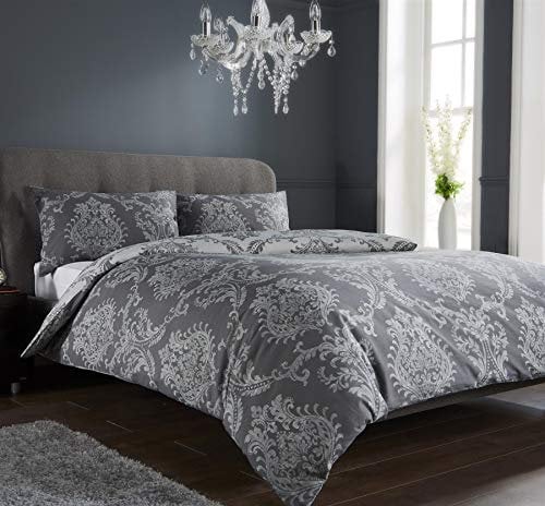 Olivia Rocco Royal Damask Duvet Cover Set Easy Care Quilt Covers With Pillowcases Cotton Rich Reversible Bedding Bed Linen Sets (King, Grey)