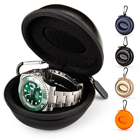 HELMDY Custodia Orologio Singolo, Custodia da Viaggio per Orologio Singolo, Rotonda Scatola Portatile per Orologio con Cerniera, Con Moschettone e Spugna, per Orologi Intelligenti Fino a 50 mm (Nero)