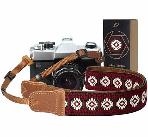 Camera Strap - 1.5 Cowhide Head Shoulder Neck Strap ,Retro Jacquard Embroidery Multi-pattern camera straps for Cameras and Binoculars,Cute Adjustable Thin Strap for Adults & Kids(Vintage Red)