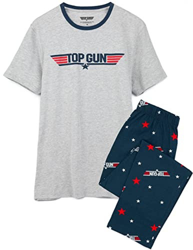 Top Gun Mens Pyjamas | Adults Fighter Action Movie Logo Grey T-Shirt With Navy Long Bottoms Pjs | Movie Merchandise